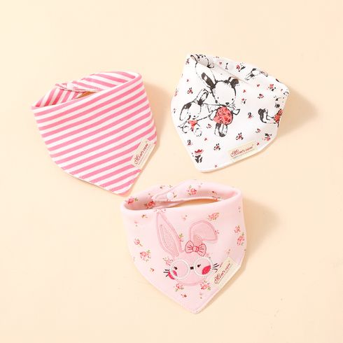 3-pack Baby Triangle Saliva Towel Allover Print Snap Button Adjustable Cotton Bibs for Baby Girl Color-A big image 1