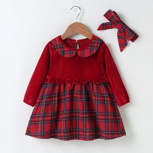 2pcs Plaid Print Splice Doll Collar Long-sleeve Baby Set