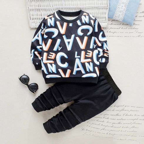 2-piece Toddler Boy Letter Print Pullover Sweatshirt and Black Pants Set