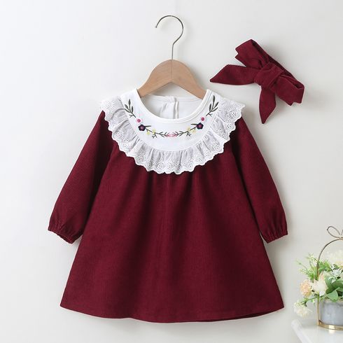 Baby Girl 2pcs Corduroy Floral Embroidery Long-sleeve Burgundy Dress with Headband Set