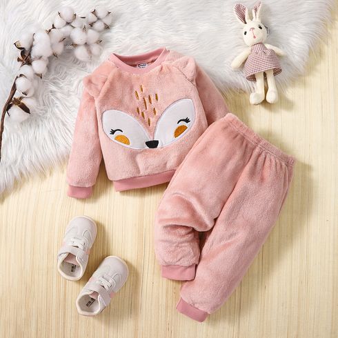 2pcs Baby Girl Fox Ears Design Embroidered Fleece Long-sleeve Pullover and Pants Set