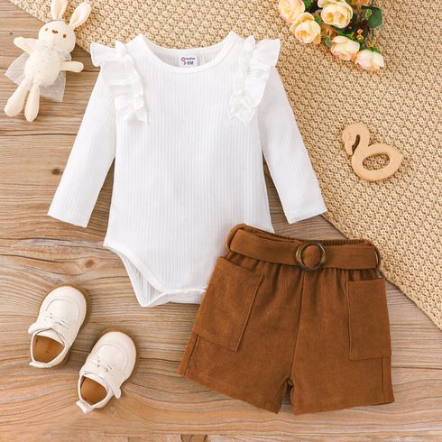 2pcs Baby Girl Solid Rib Knit Ruffle Trim Long-sleeve Romper and Belted Shorts Set