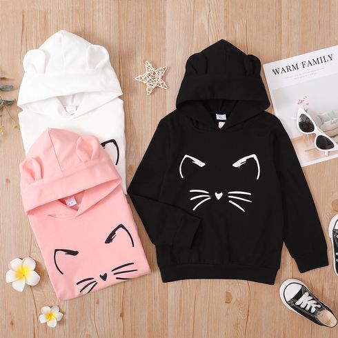 Kid Girl Cat Print Ear Design Solid Hoodie Sweatshirt