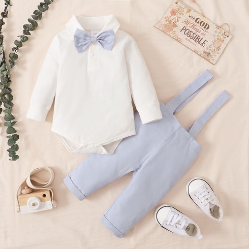 2pcs Baby Boy 95% Cotton Long-sleeve Gentleman Bow Tie Romper and Overalls Set