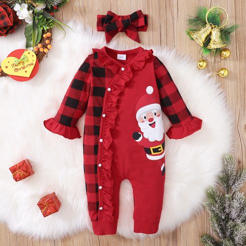 Christmas 2pcs Baby Santa Print Red Plaid Splicing Cotton Long-sleeve Ruffle Jumpsuit Set