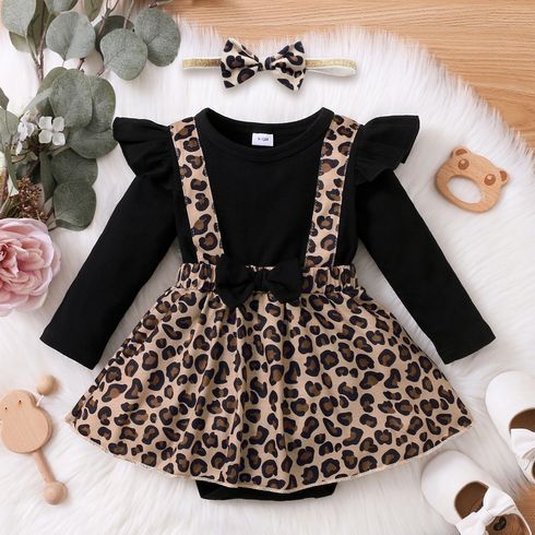 Baby Girl Leopard Splicing Black Cotton Ruffle Long-sleeve Faux-two Romper Dress