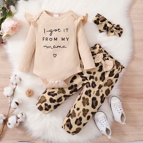 3pcs Baby Letter Embroidered Ruffle Long-sleeve Ribbed Romper and Leopard Pants Set