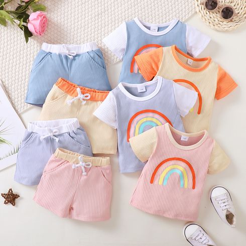 2pcs Baby Girl Rainbow Print Ribbed Short-sleeve Top and Shorts Set