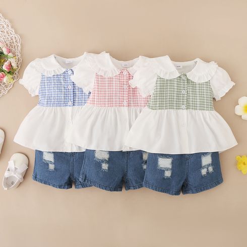 2pcs Baby Girl 95% Cotton Ripped Denim Shorts and Plaid Splicing Peter Pan Collar Puff-sleeve Button Up Top Set
