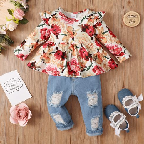 2pcs Baby Girl 95% Cotton Ripped Jeans and Allover Rose Floral Print Long-sleeve Top Set