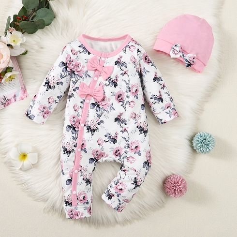 2pcs Baby Girl Allover Pink Floral Print Long-sleeve Bow Front Jumpsuit with Hat Set