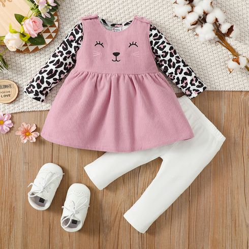 3pcs Baby Girl 95% Cotton Solid Pants and Leopard Long-sleeve Romper with Cat Embroidered Tank Dress Set