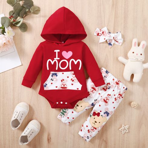 3pcs Baby Girl Letter Graphic Long-sleeve Hooded Romper and Allover Bear Print Pants with Headband Set