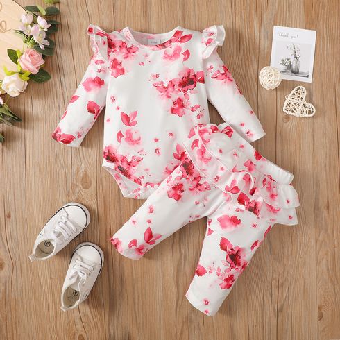 2pcs Baby Girl Allover Floral Print Long-sleeve Romper and Layered Ruffle Trim Pants Set