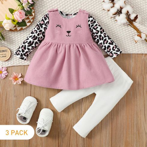 3pcs Baby Girl 95% Cotton Solid Pants and Leopard Long-sleeve Romper with Cat Embroidered Tank Dress Set