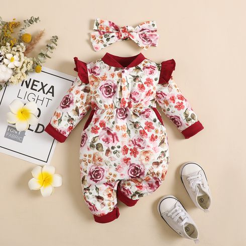 2pcs Baby Girl Allover Floral Print Ruffle Trim Long-sleeve Jumpsuit with Headband Set