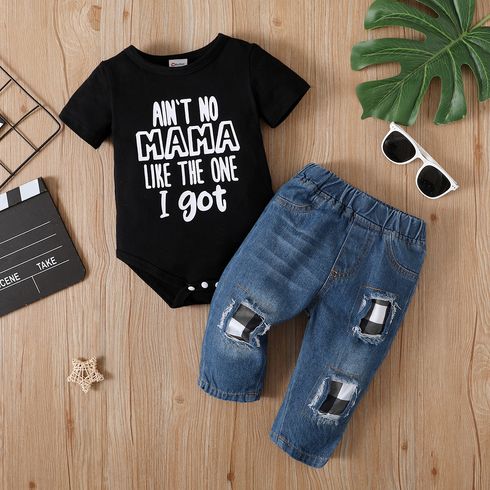 2pcs Baby Boy/Girl 95% Cotton Short-sleeve Letter Print Romper and Ripped Jeans Set Black big image 3