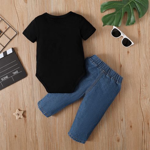 2pcs Baby Boy/Girl 95% Cotton Short-sleeve Letter Print Romper and Ripped Jeans Set Black big image 2