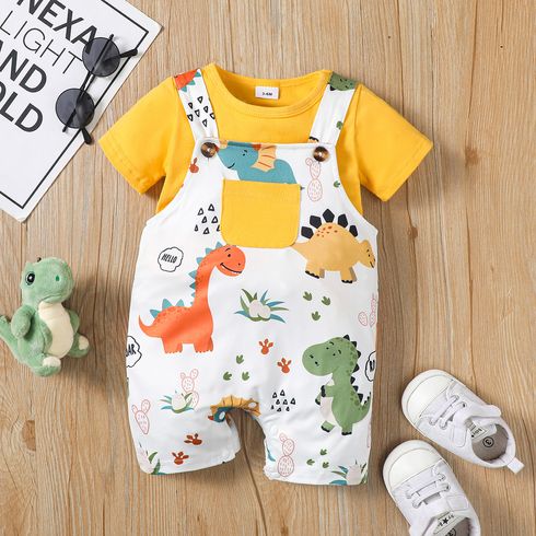 2pcs Baby Boy Short-sleeve Solid Tee and Allover Dinosaur Print Overall Romper Set