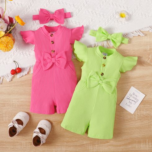 2pcs Baby Girl 95% Cotton Bow Front Flutter-sleeve Rib-knit Jumpsuit with Headband