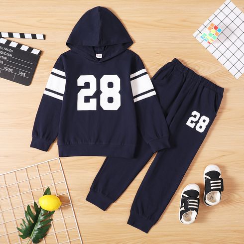 2-piece Kid Boy Number Print Hoodie and Elasticized Pants with Pocket Sporty Set Dark Blue big image 1