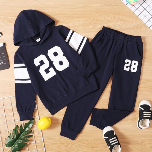 2-piece Kid Boy Number Print Hoodie and Elasticized Pants with Pocket Sporty Set Dark Blue big image 12