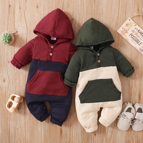 Waffle Colorblock Long-sleeve Hooded Baby Jumpsuit