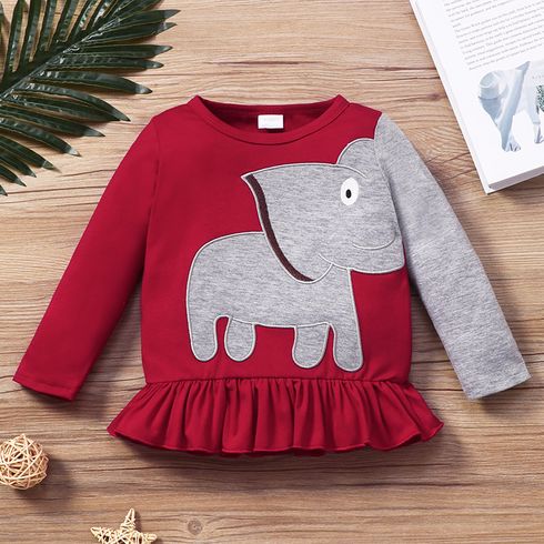 Toddler Girl Elephant Print Ruffle Hem Long-sleeve Tee