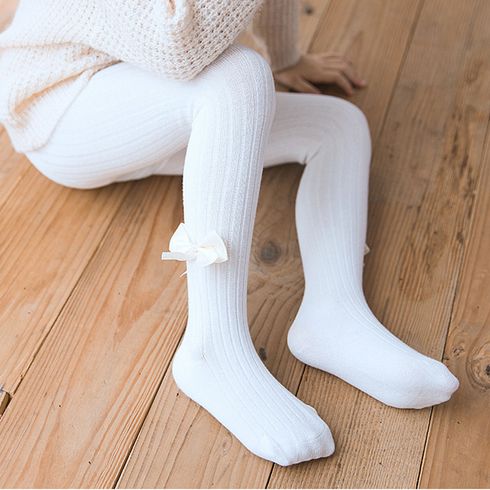 collant collant a costine tinta unita con decoro fiocco bambino / bambino Bianco big image 2