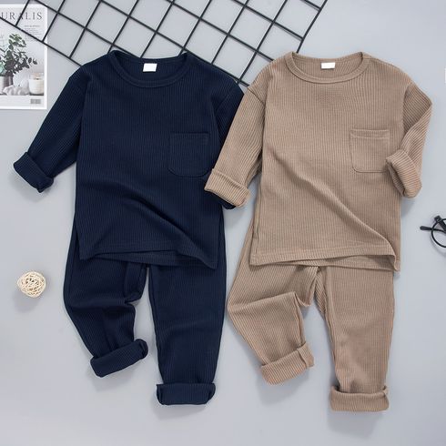 2-piece Toddler Boy/Girl Round-collar Long-sleeve Ribbed Solid Top with Pocket and Elasticized Pants Casual Set