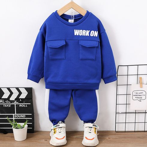 2pcs Toddler Boy Letter Print Pocket Design Pullover Sweatshirt and Elasticized Blue Pants Set