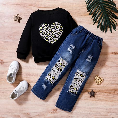 2pcs Toddler Girl Trendy Patchwork Ripped Denim Jeans and Leopard Print Sweatshirt Set