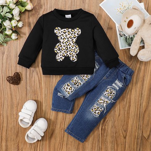 2pcs Baby Boy/Girl Leopard Print Bear Embroidered Long-sleeve Sweatshirt and Ripped Jeans Set