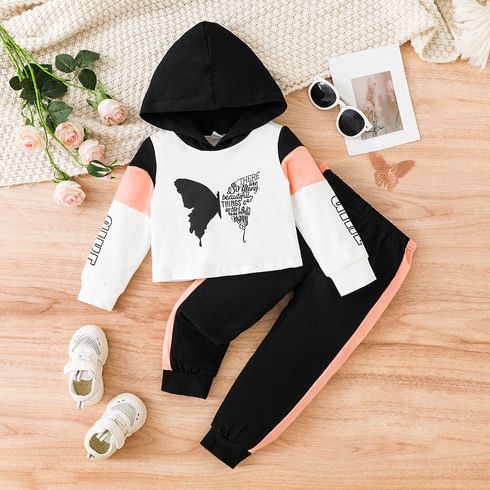 2pcs Baby Girl 95% Cotton Butterf & Letter Print Colorblock Long-sleeve Hoodie & Sweatpants Set