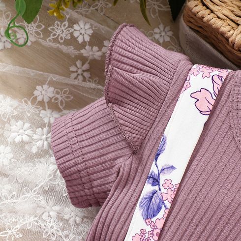 2pcs Baby Girl 95% Cotton Ruffled Bow Front Faux-two Short-sleeve Floral Print Dress & Headband Set Purple big image 2