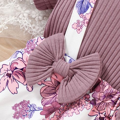 2pcs Baby Girl 95% Cotton Ruffled Bow Front Faux-two Short-sleeve Floral Print Dress & Headband Set Purple big image 3