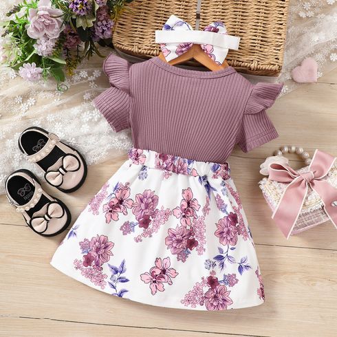 2pcs Baby Girl 95% Cotton Ruffled Bow Front Faux-two Short-sleeve Floral Print Dress & Headband Set Purple big image 5