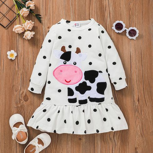 Toddler Girl Polka dots Cows Embroidered Ruffle Hem Long-sleeve Dress