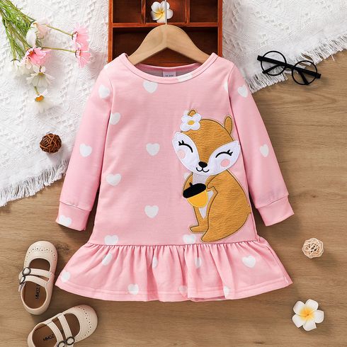 Toddler Girl Fox Embroidered Heart Print Ruffle Hem Long-sleeve Pink Dress