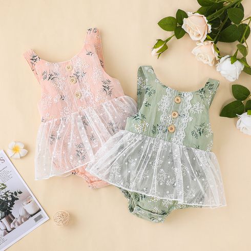 Baby Girl Button Design Sleeveless Floral Print Splicing Mesh Romper