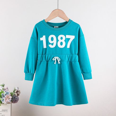 Toddler Girl Number Print Bowknot Design Long-sleeve Blue Sweatshirt Dress