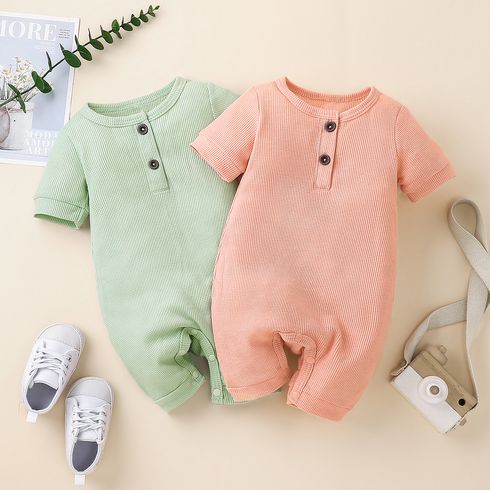 Baby Boy/Girl Button Front Solid Waffle Short-sleeve Romper