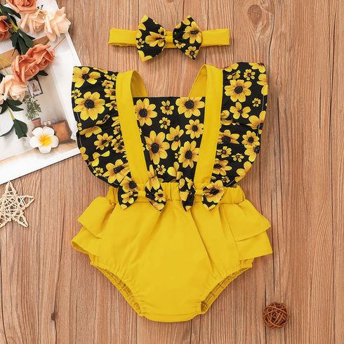 2pcs Baby Girl Sunflower Floral Print Splice Yellow Layered Sleeveless Ruffle Romper with Headband Set
