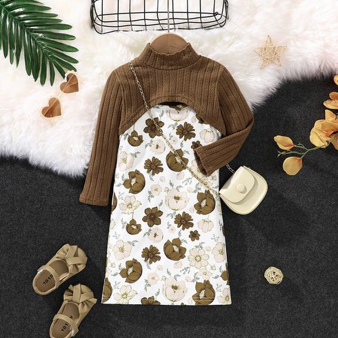 2pcs Toddler Girl Trendy Floral Print Slip Dress and Super Crop Tee Set