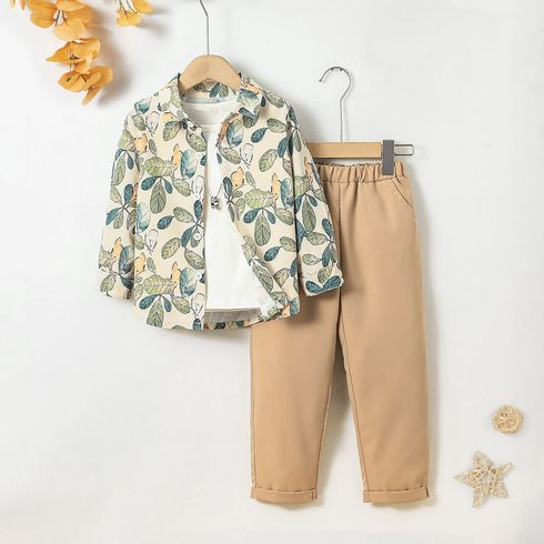 2pcs Toddler Boy Trendy Floral Leaf Print Shirt and Elasticized Pants Set