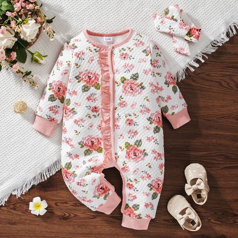 2pcs Baby Girl Allover Floral Print Quilted Long-sleeve Ruffle Trim Button Jumpsuit with Headband Set