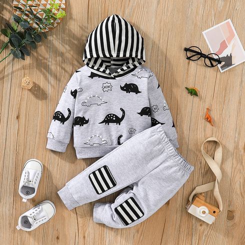 100% Cotton 2pcs Baby Boy Allover Dinosaur Print Long-sleeve Striped Hoodie and Sweatpants Set