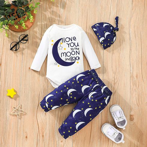 3pcs Baby Boy 95% Cotton Long-sleeve Graphic Romper and  Moon & Stars Print Pants with Hat Set