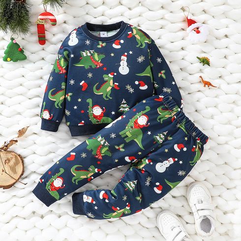 2pcs Toddler Boy Christmas Santa Dinosaur Print Sweatshirt and Pants Set