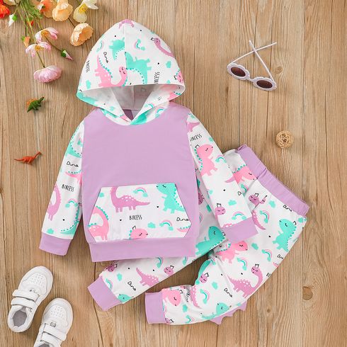 2pcs Toddler Girl Playful Dinosaur Print Colorblock Cotton Hoodie Sweatshirt and Pants Set